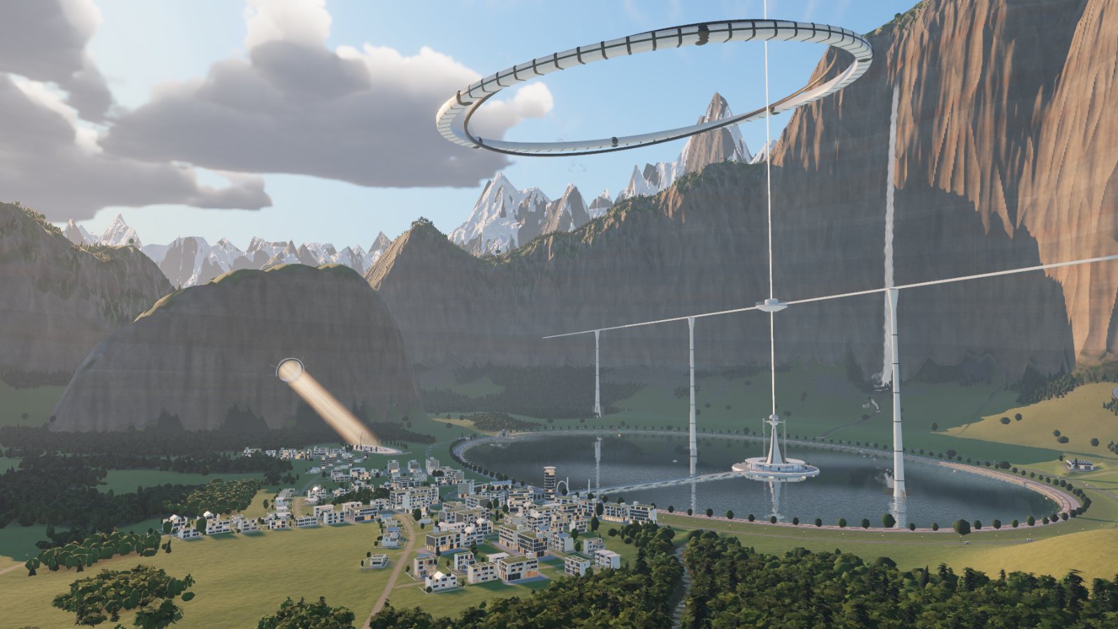 The valley in the afternoon: a round lake with a town on its shore, a space elevator rising to a ring in the sky, and high red cliffs behind